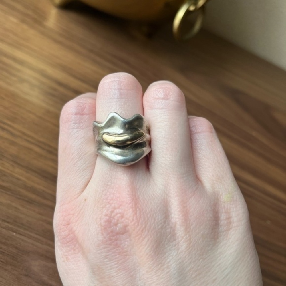 Vintage 80s Wide 925 Sterling Silver and Gold Wash Chunky Brutalist Ring
